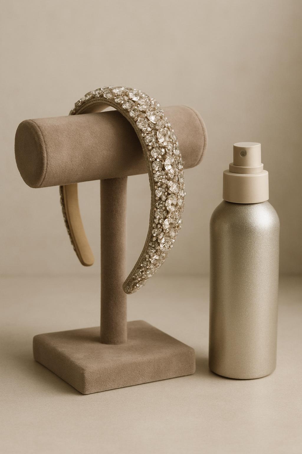 A spray bottle and a headband with large jewels. Headband with jewelry... Spray bottle, locket? Objects, headband. Spray b...